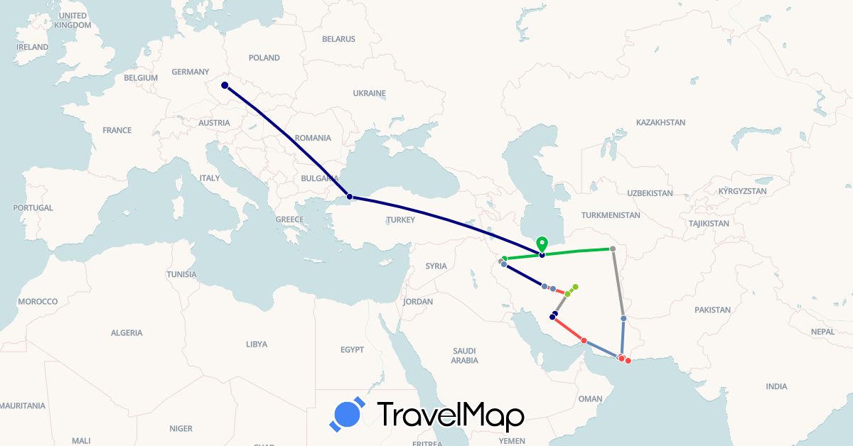 TravelMap itinerary: driving, bus, plane, cycling, hiking, electric vehicle in Czech Republic, Iran, Turkey (Asia, Europe)